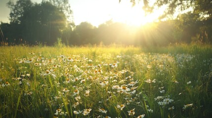 Obraz premium 113.Lush summer field bursting with wildflowers, dense green grasses, sunlight streaming across landscape, warm breezy atmosphere capturing serene countryside beauty