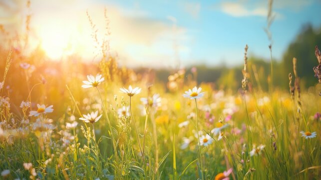 111.Concept = Summer natural meadow full of wildflowers and grasses in the summer sun on a beautiful sunny day