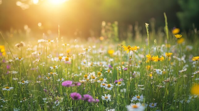 111.Concept = Summer natural meadow full of wildflowers and grasses in the summer sun on a beautiful sunny day