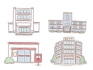 建物のイラストセット（役所、郵便局、学校、銀行）