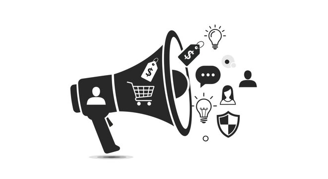 Vector illustration of a megaphone with consumer rights and needs icons, symbolizing safe transactions and online shopping on World Consumer Rights Day.
