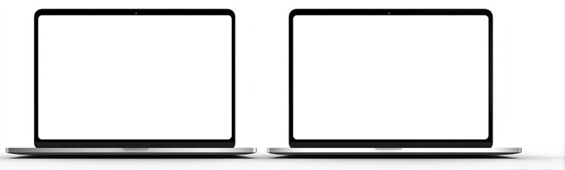 Obraz premium Two silver laptops with open screens against a white backdrop. Angled view
