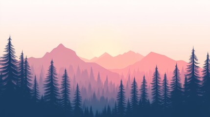 Obraz premium 119.Stylized vector forest scene with tall trees, smooth flat colors, distant mountain range fading into lighter tones, clean minimal design