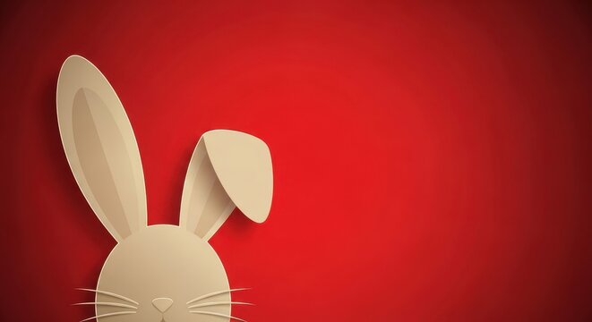 Minimalist flat design easter bunny peeking on a vibrant red background, perfect for happy easter greetings.