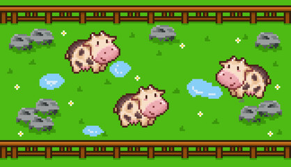 Pixel art cow farm illustration. Cute spotted cows on a green meadow with blue puddles, white flowers, and wooden fences. Ideal for farming simulators, retro games, and rural countryside themes. © evan