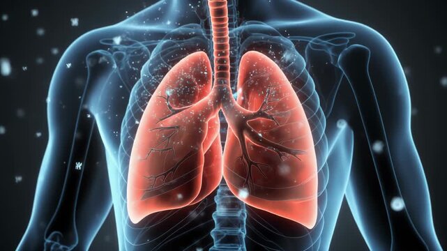 Human lungs highlighted in red within a transparent blue body, viewed from the front, showing internal anatomy and respiratory system