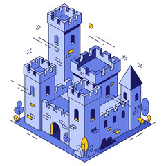 Fototapeta premium Medieval castle drawing with towers and battlements in blue tones