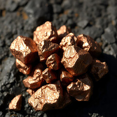 Close-up of Raw Copper Ore Nuggets Shimmering in Natural Light, Showcasing Metallic Luster and Rough Texture, Against a Dark, Contrasting Stone Background