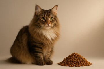 Adorable long haired cat, likely a Norwegian forest cat, sitting thoughtfully beside a pile of dry kibble