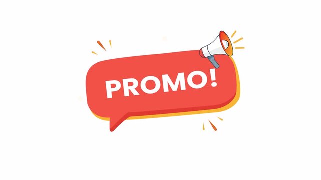 Bright red promo speech bubble with megaphone in flat design, 2D vector style motion graphic element for marketing animation and sale campaign banner.