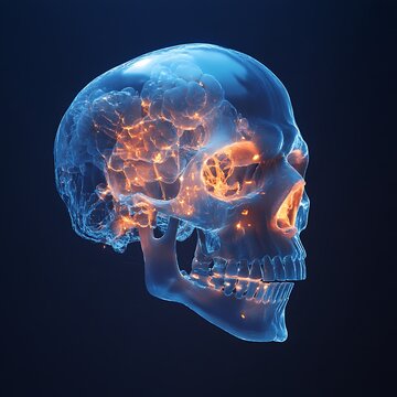 Glowing blue skull with orange brain activity on dark background