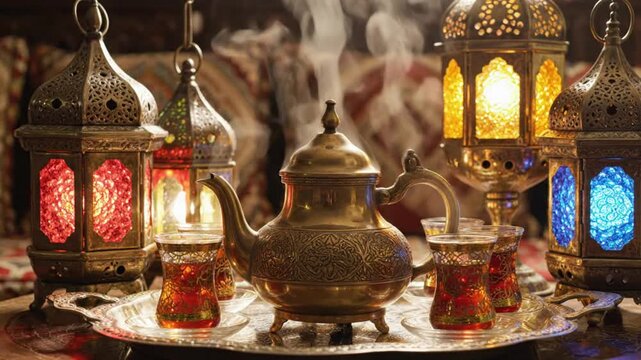 Traditional Middle Eastern tea setting with ornate lanterns and teapot on a decorative tray viewed from a slight angle