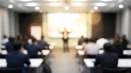 Fototapeta premium A blurred professional conference features a speaker on stage addressing a large seated audience in a bright room, emphasizing a corporate training event.
