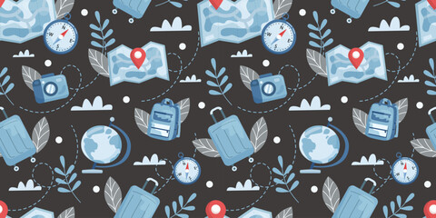 Seamless travel vector pattern on dark background with map, suitcase, backpack and travel elements in flat style