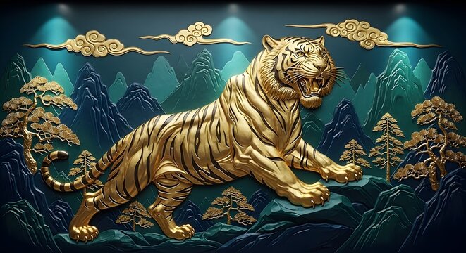 Golden tiger relief sculpture in mountain landscape with green peaks and pine trees mural