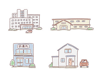 建物のイラストセット（病院、老人ホーム、施設、診療所、自宅）