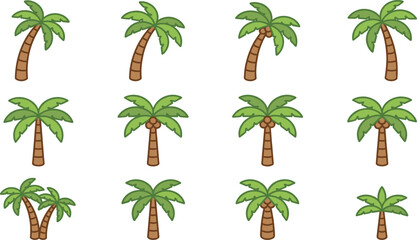 Cartoon palm tree set in various shapes tropical island plant collection for summer beach travel vacation and paradise themed design projects. © MstSuborna
