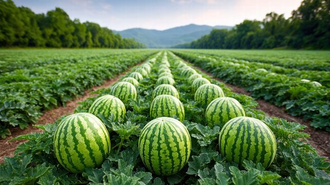 Watermelon field with rows of ripe watermelons ready for harvest under a blue sky.
