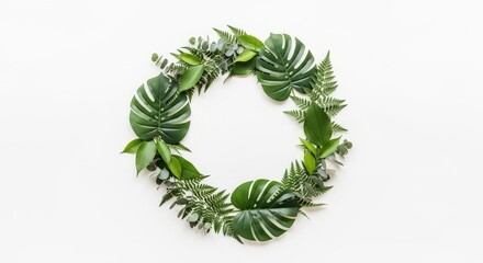 Vibrant green leafy wreath with various tropical plants on white background symbolizing nature and serenity