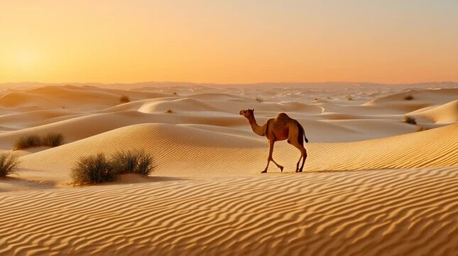 Side view of a camel walking across golden sand dunes at sunset in the arabian desert, steady forward stride over rippled dunes for travel and nature concept