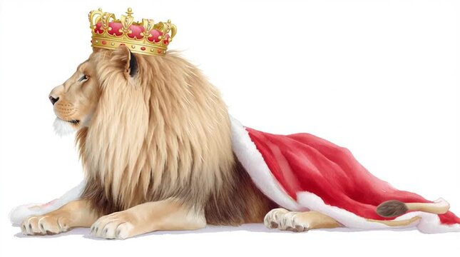 Slow head turn of regal lion wearing golden crown and red royal cloak on white studio background for leadership and royalty concept
