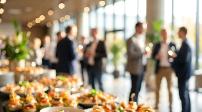 A beautifully blurred scene capturing business professionals socializing around a lavish buffet of appetizers and drinks at an elegant corporate event.