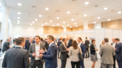 Obraz premium An active, blurred abstract snapshot of a bustling crowd of professionals networking and engaging in conversations at a busy conference or trade show exhibition.