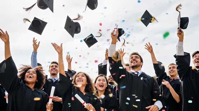 Grads throw caps & confetti, celebrating achievement, gowns, diplomas against the sky