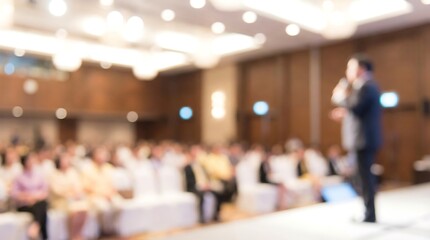 Fototapeta premium A blurred male speaker addresses a large seated audience in a warm-toned conference room or convention hall during a corporate event presentation.
