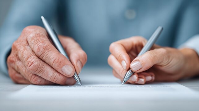 Two hands, one old and one young, signing a document with pens