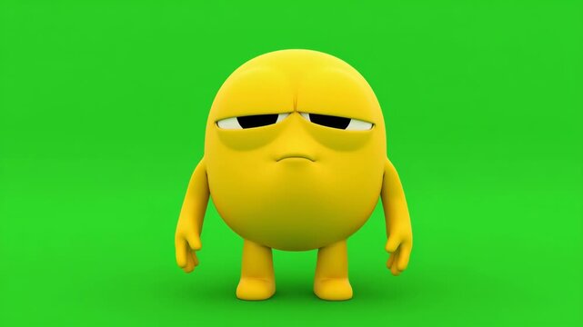 Animated yellow emoji character with displeased expression standing still on a green screen background perfect for emotional content