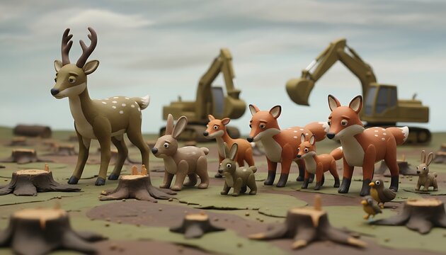 Claymation shows illegal logging's aftermath Animals confront a clear-cut forest of tree stumps and excavators, symbolizing habitat destruction