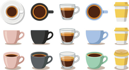 Coffee cup set with ceramic mugs glass espresso cups and takeaway paper cups top view and side view collection for cafe menu design.