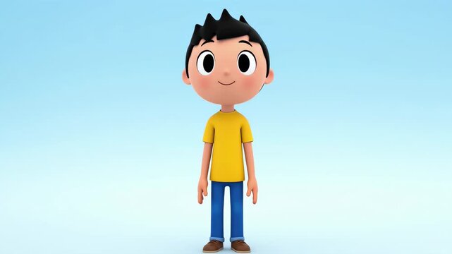 Full shot of a cute 3d cartoon boy character on a light blue gradient background animation friendly