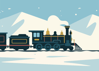Steam Train Journey in the Ice Mountains Illustration Creative Design Template  © art88