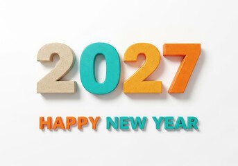 Colorful three dimensional numerals display the upcoming year twenty twenty seven with greetings below