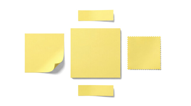 group of assorted yellow sticky notes and memo pads arranged creatively on a transparent background, high-quality photograph ideal for office and stationery themes.