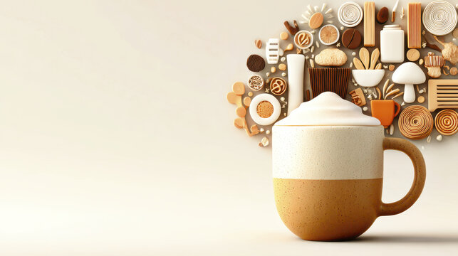 Coffee mug foam latte breakfast beverage collage dessert pastry swirl creamy coffee mug with foam, breakfast beverage collage of pastry dessert swirl cookie candy and sugar art light background