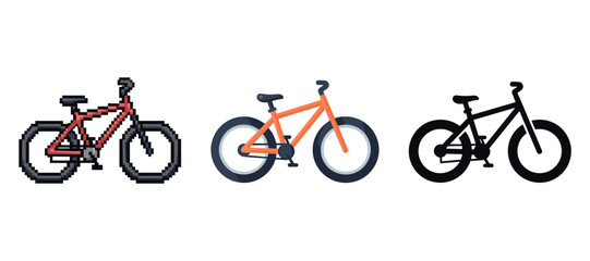 Fototapeta premium Pixel art bicycle icons set: red orange black designs on white background