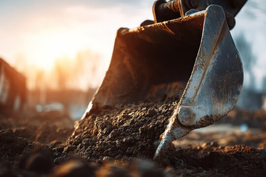 Heavy machinery bucket working on soil
