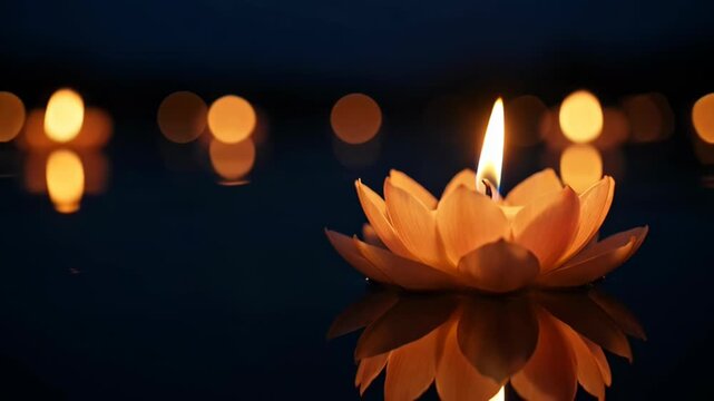 Elegant lotus-shaped candle floating on water with warm glow and blurred background of floating lights, capturing serenity and spiritual ambiance