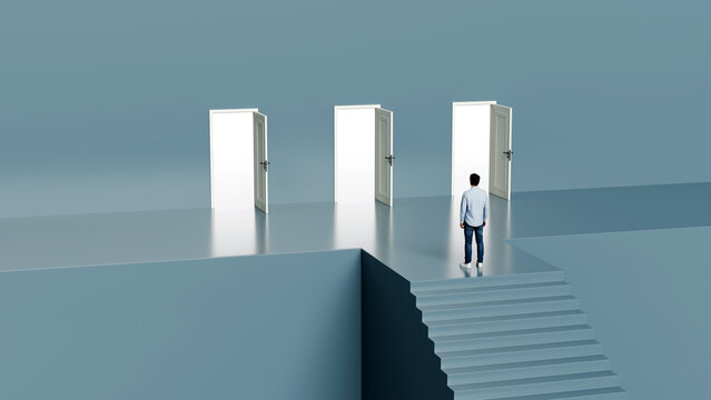 Man standing at the top of a staircase facing three open doors with light representing career choices and opportunities, 3d render