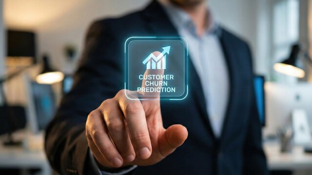 Customer churn prediction analytics platform dashboard interface with business professional pointing at virtual icon showing rising graph and data