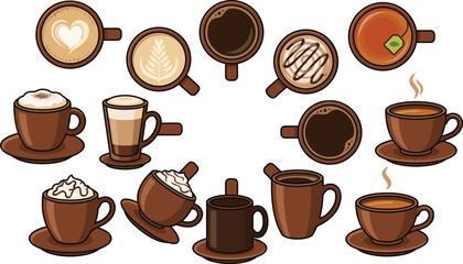 Coffee drinks vector set with cappuccino latte espresso tea and hot chocolate cups for cafe menu and beverage design.