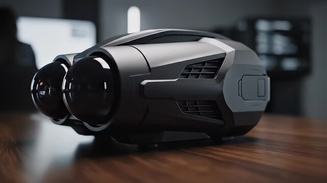 Close up view of futuristic VR headset on desk in studio.