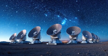 Naklejka premium Radio telescopes observe night sky. Milky way visible above desert landscape. Technology explores universe, capturing faint signals.