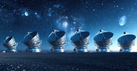 Fototapeta premium Radio telescopes observe night sky. Desert landscape provides backdrop for astronomical research. Stars, galaxies visible. Blue tones dominate image.