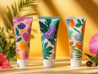 Fototapeta premium Tropical Serenity: Trio of Cosmetic Tubes with Nature-Inspired Designs Display