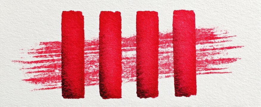 Four vertical red brushstrokes on a textured white background, with a horizontal underlay