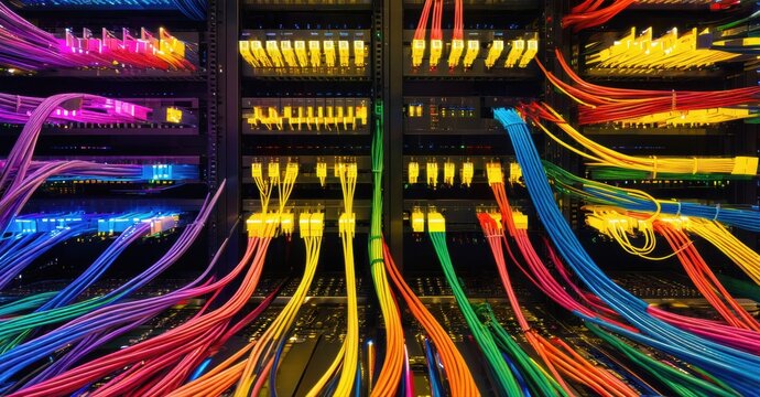 Server room filled with colorful cables. Bright lights illuminate network infrastructure, creating vibrant streaks. Data center technology visible.